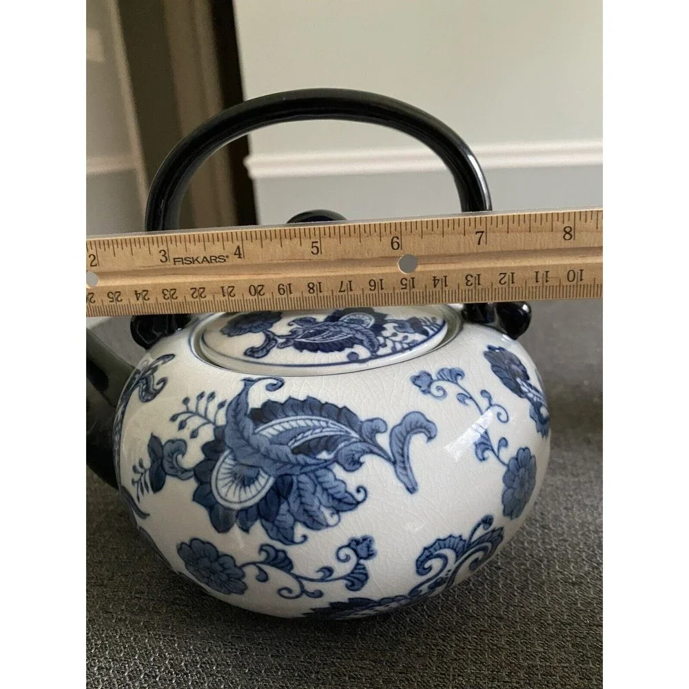 Pier 1 Ceramic Blue & White Floral Teapot with 4 Tea Cups